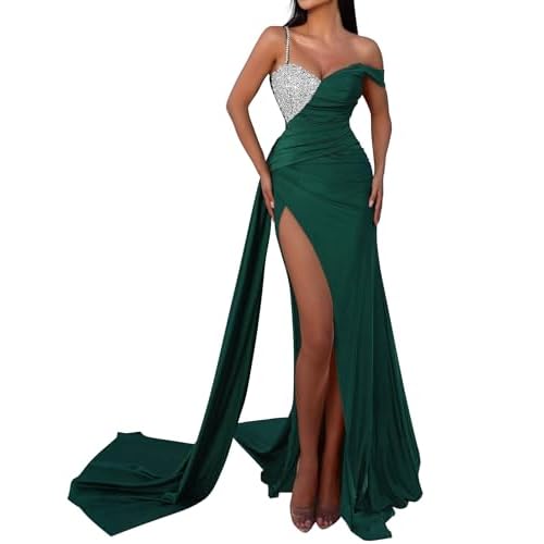 One Shoulder Mermaid Prom Dresses Long Sweetheart Sequin Slit Satin Formal Evening Party Gown with Train 4 Emerald Green