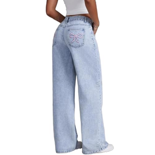Women Embroidered Bow Jeans High Waist Y2K Denim Pants Aesthetic Basic Wide Leg Jeans Trendy