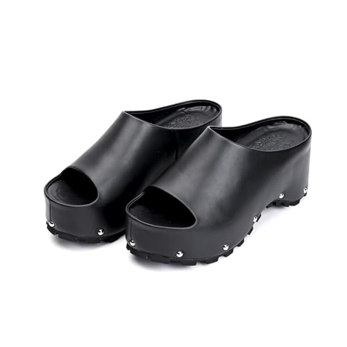 Image of XOBZJH Long-Hair Calfskin Chunky Clog Slide for Women - Memory Foam Luxury Slip on Shoes Women's Mules & Platform Clogs,Designer Mules for Women 2025