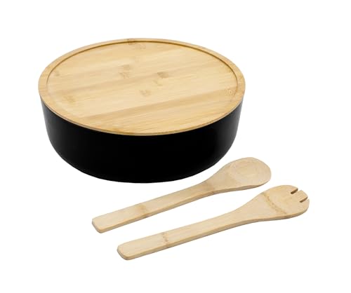 Saladier XXL avec couverts en bambou 30 cm – Noir – Grand bol en plastique avec couvercle en bois – Bol mélangeur avec couverts de service pour fruits,...