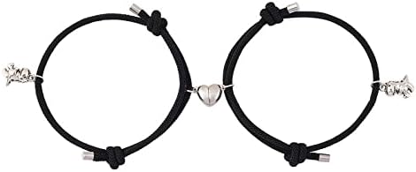 QIAMNI 2PCS Dinosaur Love Pendant Magnetic Clasp Rope Bracelet for Women Girls Kids Handmade Cute Simple Personalised Best Friend Gift Jewelry