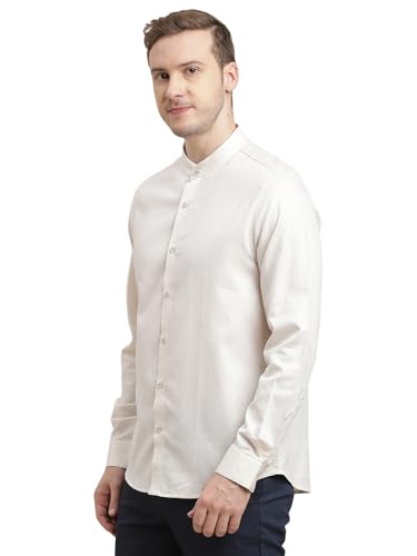 Image of Turtle Men Giza Cotton Slim Fit Beige Dobby Print Full Sleeve Party Shirt