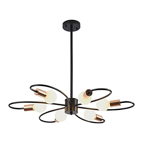 Qcyuui Lámpara de araña Sputnik de 6 luces, lámpara de techo moderna, lámpara colgante de metal de 60 vatios, candelabro de altura ajustable para cocina, comedor, sala de estar, dormitorio, negro