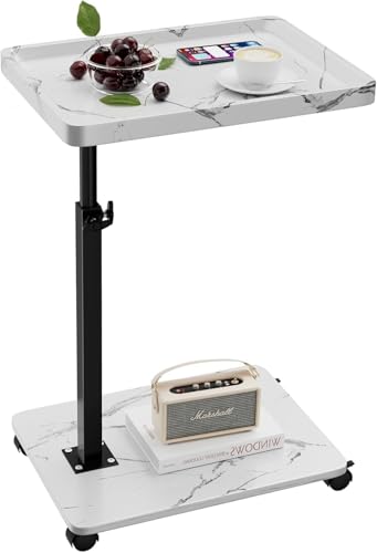 Image of XNSDXV C Shaped Side Table Adjustable Height, 360Swivel Bedside Table With Wheels, End Table for Small Spaces, Sofa Side Table For Living room, Bedroom, Bed,Couch (White Marble Color)