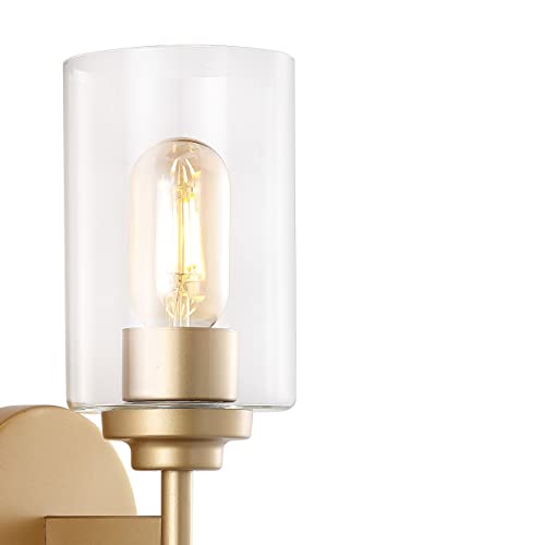 Image of JONATHAN Y 16 inch Brass Gold /Clear Farmhouse 2-Light Wall Sconce, Industrial Vanity Light for Bathroom Mirror, Entryway, Hallway, Clear Glass Cylinder Shades, LED Bulbs (JYL9548B)