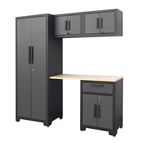 Torin Agpzc30121002B 5 Piece Garage Storage Cabinet Set: Workshop Tool Organizer Chest With Lockers, Shelves And Wood Workbench, Black/Grey #TOP5