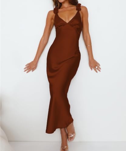 Image of Phicia Summer Satin Spaghetti Strap V Neck Midi Dresses for Women Wedding Guest Elegant Flower Backless Cocktail Formal Dress