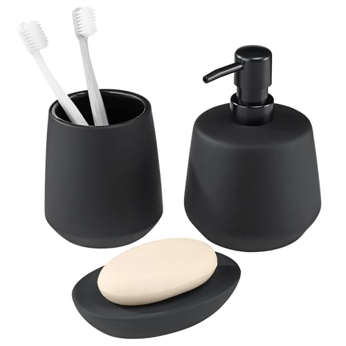 Navaris Accessoire Salle de Bain Noir - 3 Accessoires avec Porte Brosse à Dents Distributeur Savon Support Savon Céramique - Deco Ensemble Salle de Bain...