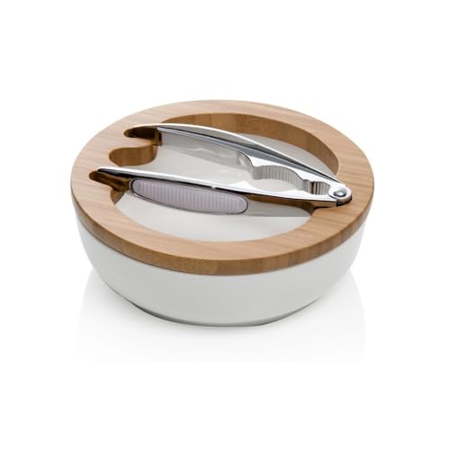 Brandani 55633 Ciotola portanoci in porcellana con supporto in bamboo e schiaccianoci in metallo cromato