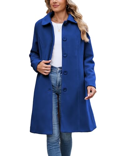 Springrain Womens Pea Coat Elegant Overcoat Single Breasted Winter Coat Dress Coat with Pockets(Blue-L)