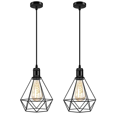 Biqing Vintage Ceiling Lights Industrial Metal Ceiling Pendant Light Shade Cage Ceiling Lighting Adjustable for Living Room Kitchen Bedroom Cafe, Larger(No Bulb), 2PCS