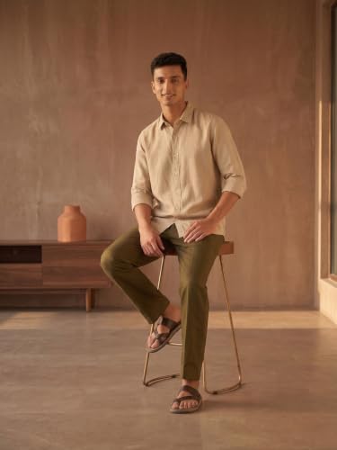 Image of SAADAA Men's 100% Cotton Pants | Mid-Rise Straight Fit Casual Trousers with Elastic Waistband and 3 Pockets | Everyday Wear