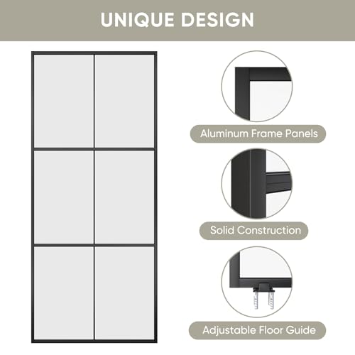 JUBEST 36in x 84in Glass Sliding Barn Door, 3-Panel Black Aluminum Frame and Clear Tempered Glass Modern French Door, Easy to Install (No Sliding Hardware Kit)