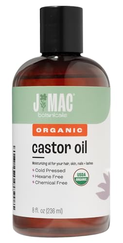 J Mac Botanicals Organic Castor Oil (8 oz) Cold Pressed, BPA Free, Castor hexane free, for face, skin, eyelashes, Certified USDA Organic