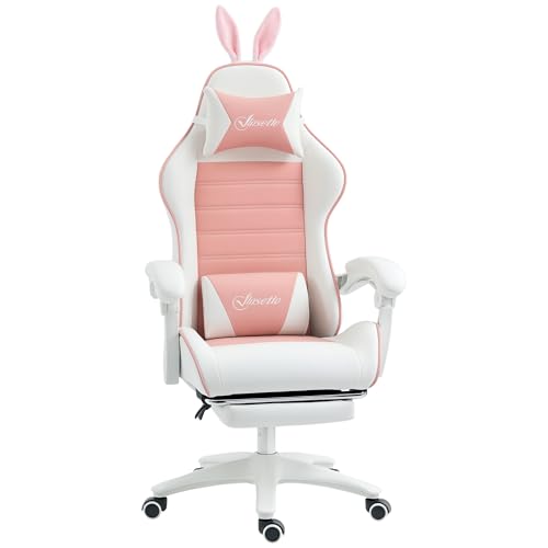 Vinsetto Silla Gaming Profesional Silla Gamer Racing Giratoria de Cuero PU con Altura Ajustable Inclinable 135° Reposacabezas y Reposapiés para Oficina Estudio 65x63x136-142 cm Rosa y Blanco