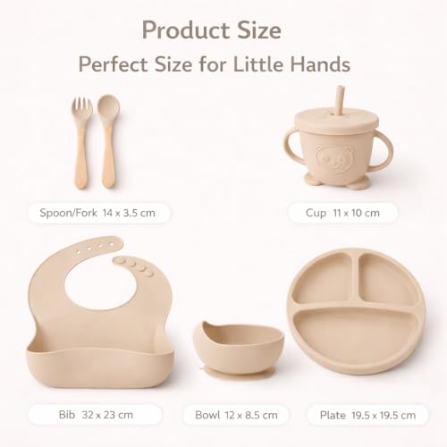 Image of 6 Piece BPA-Free Silicone Baby Feeding Set | Thick & Soft Suction Plates, Baby Food Bowl, Wooden Fork & Spoon, and More | Make Mealtime Fun and Easy for Your Little One (Beige)