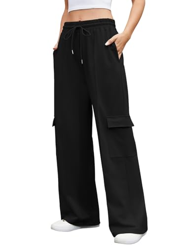 Shephorion Womens Wide Leg Joggers with Pockets - High Waisted Stretchy Lounge Sweatpants for Yoga Gym Casual Wear (Black L)