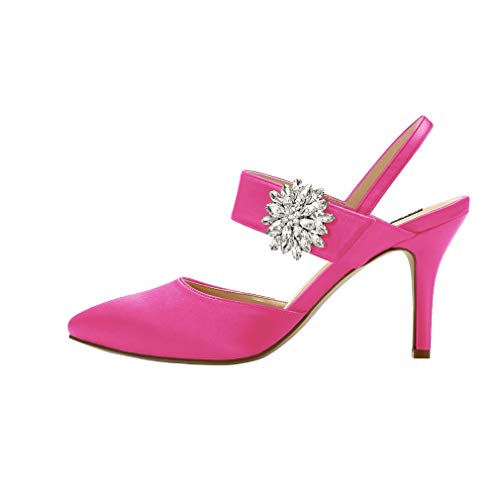 Image of ERIJUNOR Mid Heel Shoes for Women Pointed Toe Slingback Rhinestone Brooch Satin Dress Pumps Evening Prom Wedding Shoes