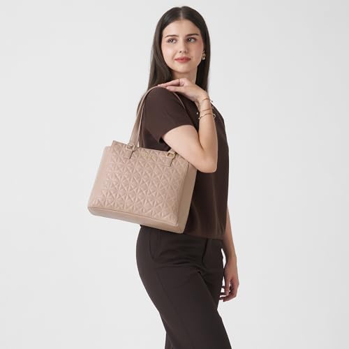 Image of Caprese Shine Medium Tote Bag for Women | Quilted Faux Leather Shoulder Handbag with Multi-Compartments & Zipper Closure | Fits Up to 15 Inch Laptop | Stylish Work, Travel & Everyday Bag (Dark Pink)