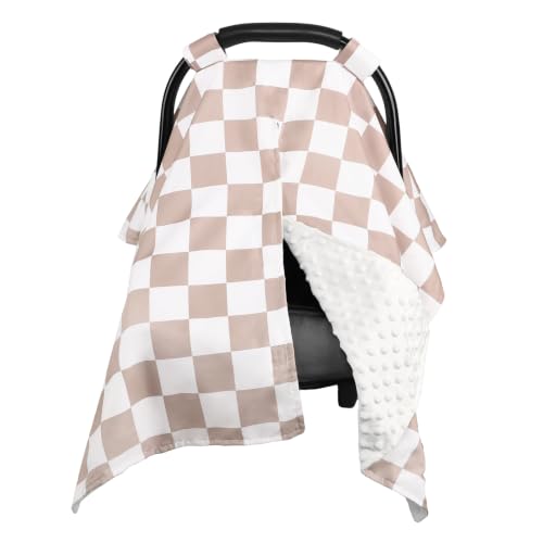 Image of DILIMI Baby Car Seat Cover, Minky Warm Car Seat Covers for Babies, Peekaboo Opening Infant Car Seat Cover, Nursing Cover Carseat Canopy, Coffee Checkered