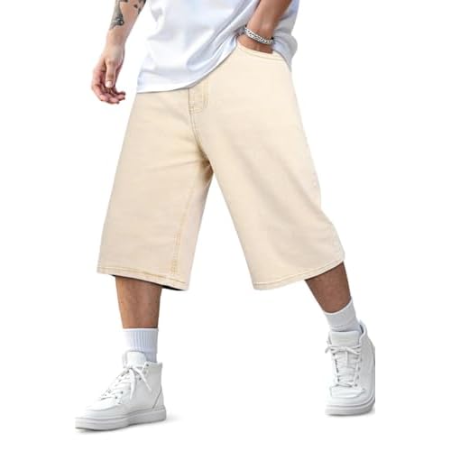 Heyfanee Mens Baggy Jean Shorts Stretch Loose Fit Denim Shorts Below Knee 15 Inch Inseam Dark Khaki 44