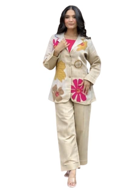 azheez Premium three-piece blazer jacket set for women with floral applique embroidery, stylish blazer, inner top and straight trousers for chic office or daytime-picture-16