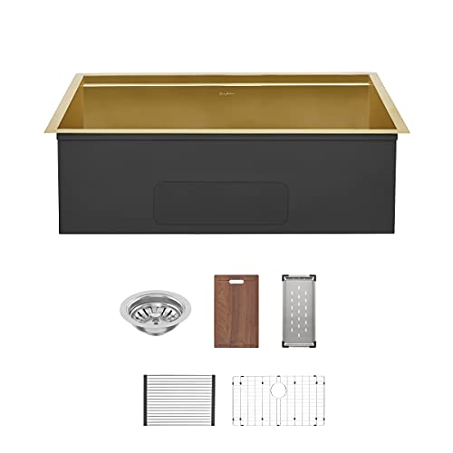 Tourner 32 x 19 Stainless Steel, Single Basin, Undermount Kitchen Workstation Sink in Gold