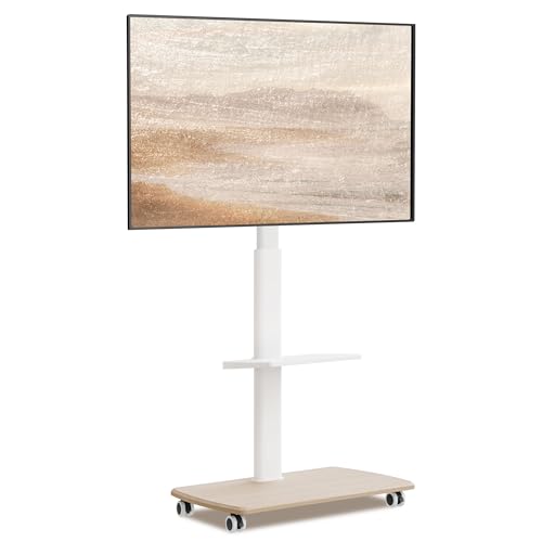 FITUEYES Soporte TV Móvil Blanco para Pantallas de 32 a 70 Pulgadas con Base de Madera,MAX VESA600*400mm,Soporte de TV con Ruedas con Giro de Placa,Ajuste de Altura,Gestión de Cable,con Estante
