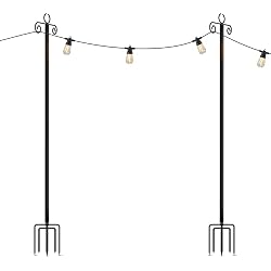 Brightech 2-Pack 10FT String Light Poles for Outdoor Use, Heavy Duty Metal Poles with Fork Base for Hanging Patio Lights, Adjustable for Garden, Backyard, Porch, or Fence Lighting Decor