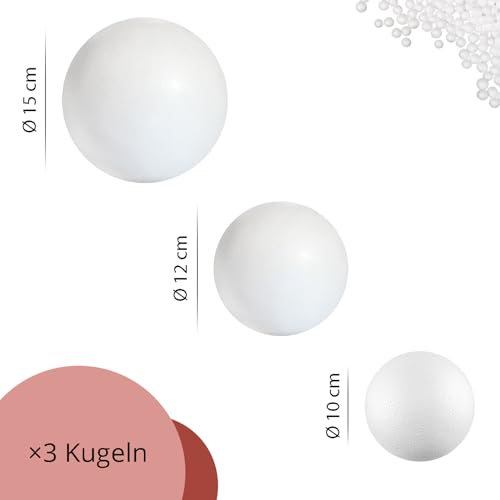 MCE-Commerce A309943 Styropor Kugeln Set 1 x 10cm 1 x 12cm 1 x 15cm, Weiß, Kugel 10cm, 12cm, 15cm