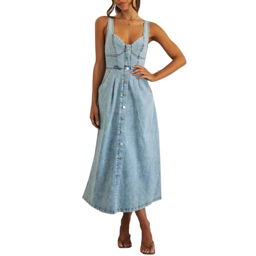 cffvdiz Damen Sexy Strap Maxi Denim Kleid Sommer Ärmellos Neckholder Bodycon Maxikleider, Hell, blau, X-Large