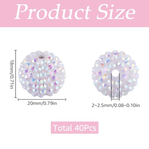 SUNNYCLUE 40Pcs Chunky Resin Rhinestone Beads 20mm White Rhinestone Round Beads Disco Ball Beads Chunky Bead Bulk Bubblegum Beads Spacer Beads for jewellery Making Bracelet Necklace Pen Craft Supplies - Image 2