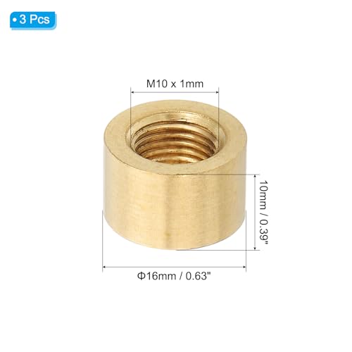 Image of PATIKIL Lamp Pipe Brass Coupling Nut, 3 Pcs 10mm Long M10 Fine Round Thread Sleeve Lamp Pipe Adaptor Rod Connector Hardware for Light Fixture Assembly or Repair, 16mm OD.