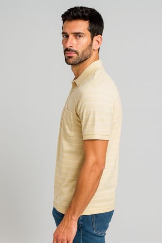 Image of WILD ELEPHANT Men Striped Polo T-Shirt | Cotton Short Sleeve Polo Neck with Button | Chest Pocket Casual Wear