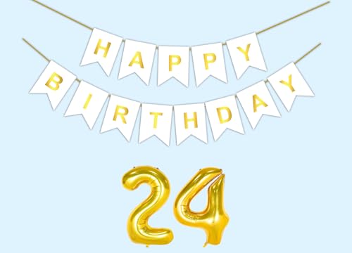 Image of 24th Happy Birthday Decoration Kit White for 24 year Old Boys Girls Men Women with Number Twenty-four Party Decorations Decor Celebration Items Item Set Combo Reusable Paper Banner