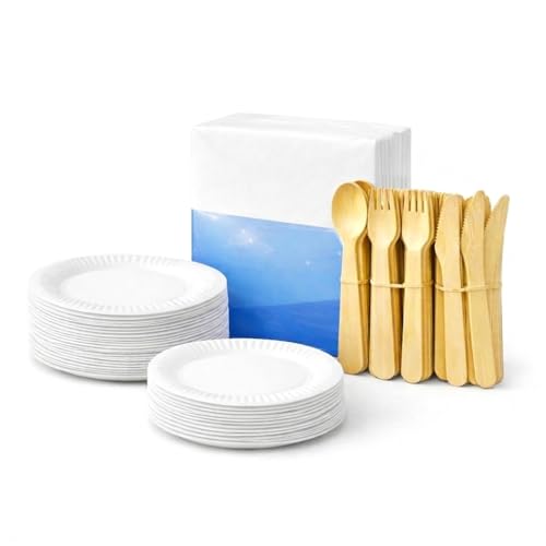 Disposable Partyware Set 265 Pieces 7 Inch Paper Plates (35 Pack) 9 Inch Paper Plates (30 Pack) 100 Napkins 100 Wooden Cutlery (40 Forks 40 Spoons 20 Knives) for Parties Picnics & Events