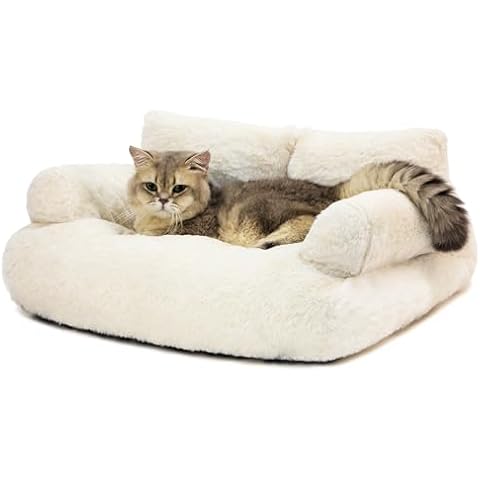 FAMIDGE Dog Couch, Washable Cat Couch for Indoor, Calming Cat Couch Pet Sofa Bed Puppy Sleeping Bed with Pillow, Fluffy Cat Bed for Small Cats & Dogs (Large, Beige) Cover
