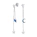 Delicato minimalista celeste mezzaluna luna stelle blu iridescente creato opal intarsio lungo catena pendente orecchini pendenti per donne adolescenti .925 argento sterling