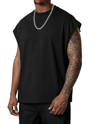 Men's Workout Sleeveless Tank Top Oversized Cut Off Muscle Gym T-Shirts Casual Crew Neck Sleeveless Tops Black