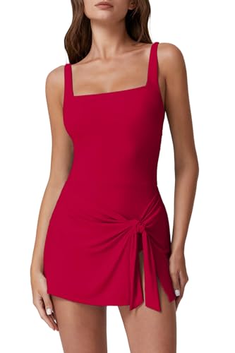 Image of QINSEN Square Neck Swim Dress for Women Tummy Control One Piece Swimsuit Wrap Bathing Suit