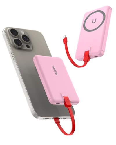 Mini Portable Charger for iPhone, Upgraded 5000mAh Magnetic Power Bank with Bulit-in Cable, Slim Battery Pack Backup Charger Compatible with iPhone 14/14 Pro Max/13/13 Pro/12 Pro/11/XS/XR/X/8/7/6