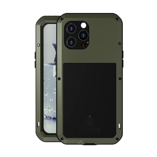 Love Mei Funda para iPhone 13 Pro MAX, Al Aire Libre Pesado Antigolpes A Prueba de Polvo a Prueba Impermeable Metal Estuche Protectora con Protector de Pantalla Vidrio Carcasa (Verde Oscuro) Cover