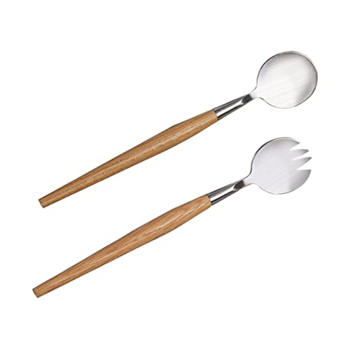 KICHOUSE 2pcs Set Salad Servers Salad Serving Utensils Dinner Forks Tableware Cooking Utensils for Kitchen Salad Server Spoon and Fork Stainless Steel Fork Wooden