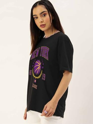Image of JUNEBERRY Round Neck Drop Shoulder Round Neck Black & White Graphic Printed Pure Cotton Oversized Baggy Fit Half Sleeve T-Shirt for Women & Girls (Sizes: S to 2XL)