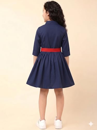 Image of A.T.U.N. (ALL THINGS UBER NICE) Girls 100% Cotton Shirt Dress with Belt | Button-Down Dress with Collar Neck | Soft Breathable Kids Outfit for Girls