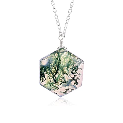Natural Moss Agate Crystals Pendant Necklace, Hexagon Cabochon Gemstone, Energy Healing Crystals, Birthday, Gift for Her, Gemstone Jewelry 18 inch AAA+ Quality (Moss Agate A)