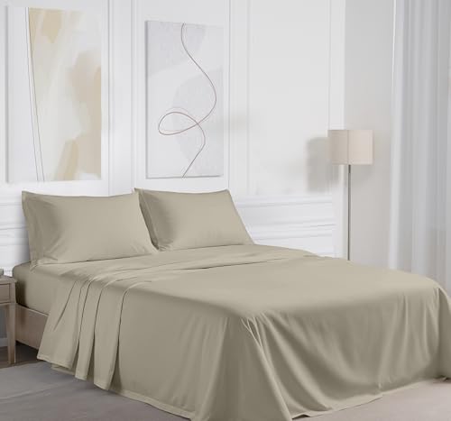 RUVANTI 100% Cotton Sheets Queen Size Set, 4 Pieces, Soft & Breathable Percale Weave Bedding, Deep Pocket 16", Hotel Standard, Crisp Cool Feeling, Durable, Perfect Dyed Bed Sheet, Taupe