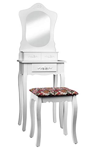 Intirilife Tocador 135x50x30 cm in Blanco Rosa – Mesa de Maquillaje con Espejo, 3 Cajones y Taburete Almohadillada Organizador Beauty, Make-Up, Joyas etc. – Mueble Dormitorio Banqueta Joyero