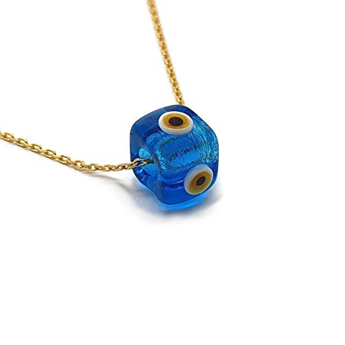 MYSTIC JEWELS by Dalia - Collier en forme de cube en verre bleu pour la bonne chance - Chaîne en argent sterling 925 avec plaqué or