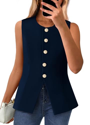 BTFBM Summer Sleeveless Blazer Vest For Women Dressy Button Down Round Neck Business Casual Outfits Work Suit Vests Tops(Navy Blue Medium)